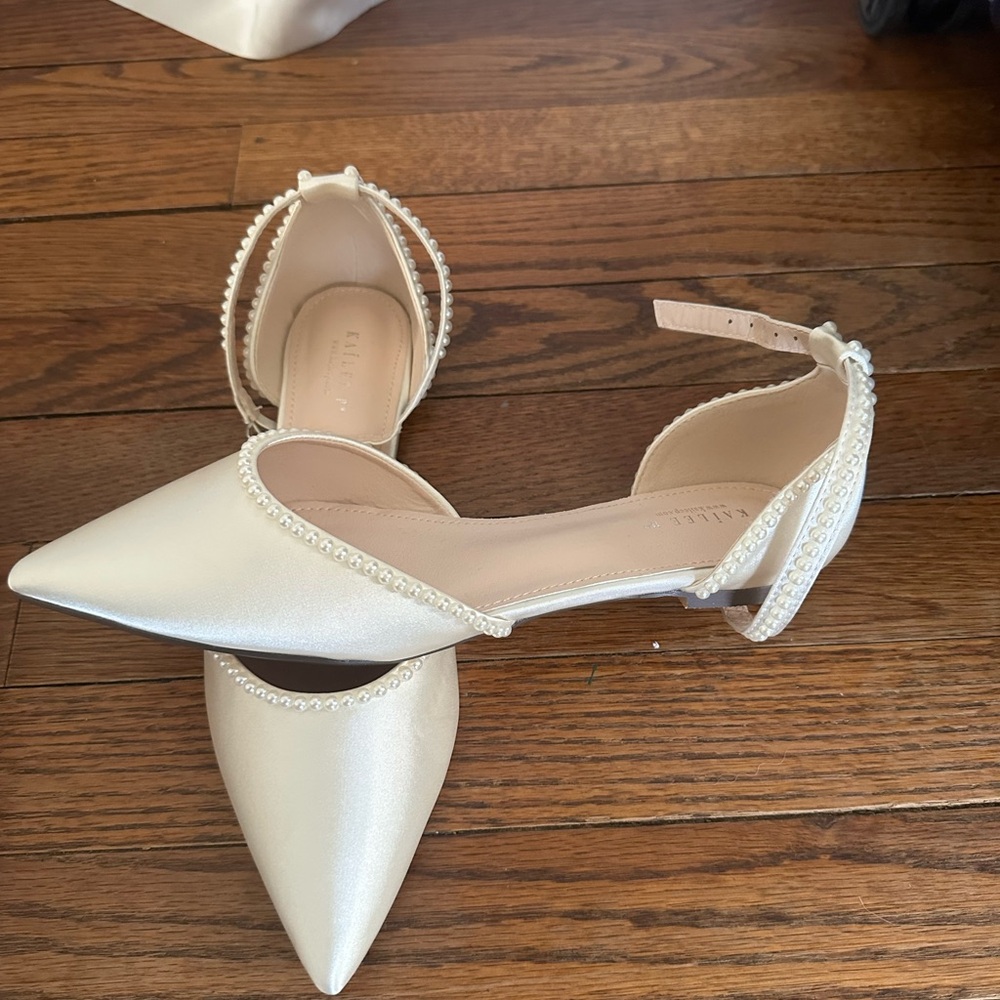 Satin Pointy Toe Flats with Mini Pearls and Ankle Strap